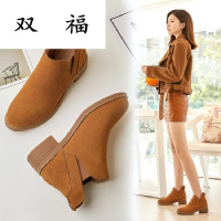 短靴女春秋冬季靴子牛翻皮中跟圆头短靴及裸靴简约百搭学生马丁靴