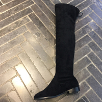 女鞋2017新款圆头绒面弹力布蝴蝶结方跟套筒过膝长筒靴黑色