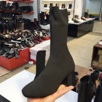 女鞋2017新款方头针织弹力套筒异形跟粗高跟中筒袜子靴黑色