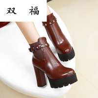 欧美风厚底防水台高跟短靴皮带扣铆钉侧拉链马丁靴秋冬粗跟女靴子
