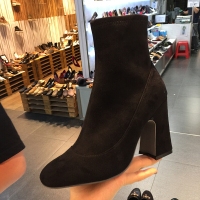 女鞋圆头拼接侧拉链粗高跟短靴马丁靴单2017秋新款绒面黑色suedeblack