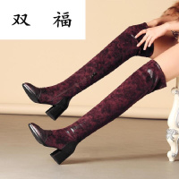 欧洲站弹力靴真皮包腿瘦腿中跟过膝长靴尖头拼接女靴子性感骑士靴