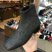 女鞋2017秋新款亮片布方头侧拉链粗跟中跟短靴时尚百搭