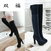 2017春秋冬季靴子绒面过膝长靴粗跟圆头防水台后系带高筒女靴子黑