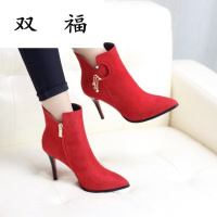 欧美简约细跟水钻吊坠高跟女鞋2017秋冬新款红色靴子潮裸靴单靴