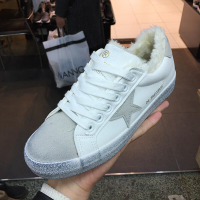 女鞋2017冬新款圆头做旧系带五角星拼色毛绒内里平底板鞋棉鞋