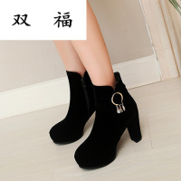 秋冬季新款中式红色婚鞋粗跟防水台高跟短靴蝴蝶结水钻绒面新娘鞋