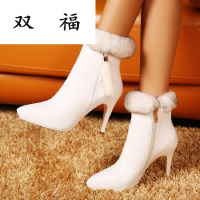 欧洲站头层牛皮靴子2017秋冬季新款真皮高跟鞋细跟女靴子尖头短靴白色