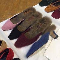 女鞋2017新款尖头兔毛面毛绒内里异形粗跟包头毛毛拖鞋