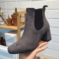 女鞋2017新款圆头绒面松紧带拼接套筒粗高跟切尔西短靴