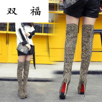 韩版细跟过膝长靴女冬季16CM超高跟鞋夜店性感内防水台豹纹女靴子豹纹