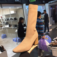 女鞋2017新款圆头毛线针织弹力套筒粗高跟中筒靴袜子靴米eige
