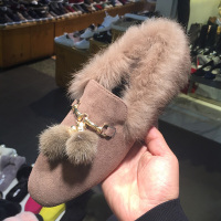 女鞋2017冬新款圆头绒面金属搭扣兔毛加绒毛球平底套脚棉鞋