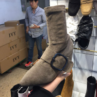 女鞋2017新款尖头绒面弹力套筒金属皮带扣粗高跟短靴