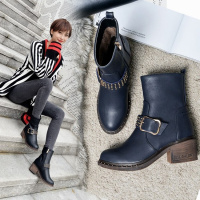 2017秋冬皮带扣短靴女切尔西马丁靴32小码33粗跟40大码41裸靴子43