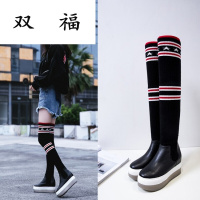 头层牛皮过膝长靴女长筒针织毛线靴弹力靴性感瘦腿冬天厚底袜子靴黑色