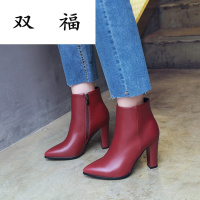 欧美尖头粗跟短靴2017春秋简约黑色皮鞋侧拉链及踝靴女单靴马丁靴