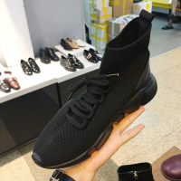 2017新款女鞋圆头透气针织弹力套筒系带平底休闲短靴袜子靴