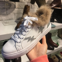 女鞋2017冬新款圆头五角星拼色兔毛口系带平底休闲棉鞋