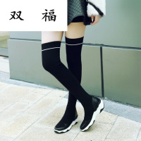 冬季真皮坡跟长靴过膝靴中跟松糕厚底防水台长筒靴磨砂皮女靴子黑色