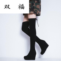 欧美真皮过膝靴女靴子坡跟厚底弹力靴翻皮长筒靴2017秋冬高靴子