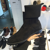 女鞋2017新款圆头绒面PU拼接毛线套筒方跟短靴毛线靴绒面黑色suedeblack