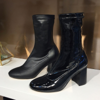 女鞋2017秋新款圆头拼接漆皮套筒粗高跟中筒靴百搭显瘦