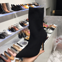 女鞋2017秋新款尖头针织弹力套筒细高跟中筒靴袜子靴黑色