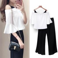 阔腿裤套装夏装2018新款女装韩版一字肩学生气质雪纺两件套潮