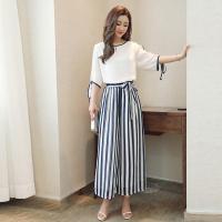 条纹阔腿裤套装夏装2018新款女装韩版九分裤时尚气质雪纺两件套潮