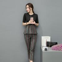 2018夏季时尚休闲套装气质名媛棉麻条纹七分裤两件套小香风女装潮