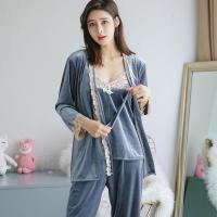 睡衣女秋冬季长袖金丝绒三件套装韩版清新性感吊带天鹅绒家居服