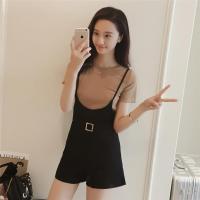 A背带短裤套装女夏时尚2018新款韩版亮丝T恤吊带阔腿裤两件套2662