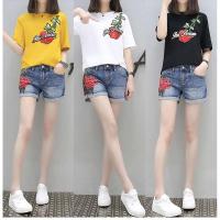 2018新款时尚刺绣套装大码女装胖mm夏装宽松短袖T恤上衣+牛仔短裤