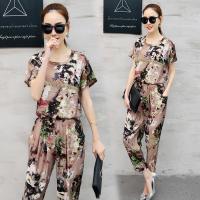 欧洲站2018夏季大码女装新款潮款时尚宽松花色两件套短袖长裤套装