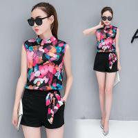 2018夏季韩版女装新款时尚套装无袖宽松上衣雪纺阔腿短裤两件套潮