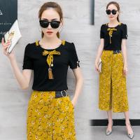 2018夏装新款两件套夏季显瘦时尚名媛短袖碎花雪纺阔腿裤套装女潮