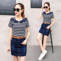 2018夏季新款百搭女装时尚休闲短袖条纹上衣牛仔短裙套装裙两件套