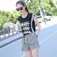 女夏季时尚洋气2018新款韩版气质短袖高腰阔腿短裤两件套装潮显瘦