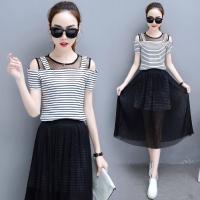 夏季2018新款女装中长雪纺连衣裙网纱T恤a字裙子两件套装衣服