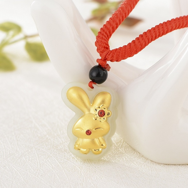 4d金镶玉和田玉镶金足金带钻宝石小兔子吊坠厂家批发梦玉盈国检gtc