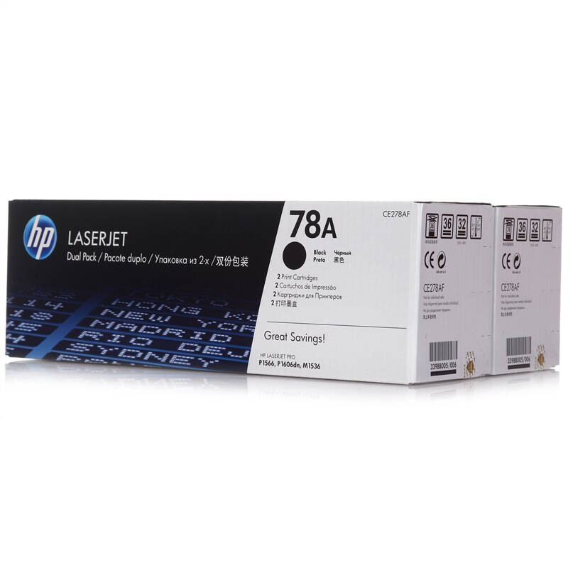 惠普(HP)CE278AF 黑色双包硒鼓 78A(适用LaserJet Pro P1566 P1606 M1536dn)