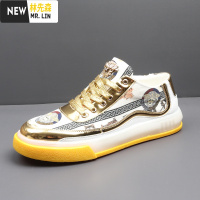 林先森男鞋子春季潮鞋个性印花帆布鞋透气休闲小白鞋果冻底金色潮流板鞋帆布鞋