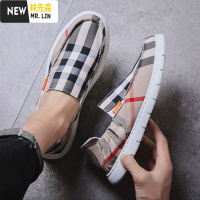 林先森布鞋男老北京夏季透气格子帆布鞋百搭休闲软底懒人驾车一脚蹬潮鞋帆布鞋