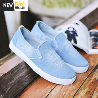 林先森夏天浅蓝平板帆布鞋薄底没鞋带乞丐破洞透气懒人休闲男装牛仔布鞋帆布鞋