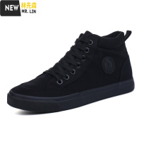 林先森学生小黑色帆布鞋子男高帮鞋潮流黑色布鞋高邦黑工作上班鞋子帆布鞋