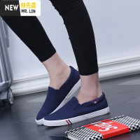 林先森春季男士鞋子帆布鞋韩版休闲鞋黑色懒人鞋男鞋潮流板鞋一脚蹬布鞋帆布鞋