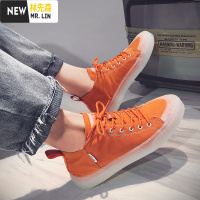 林先森帆布鞋男透气果冻高帮鞋子男橘色水晶底潮鞋韩版潮流百搭休闲板鞋帆布鞋