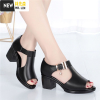 林先森温州粗跟百搭鱼嘴凉鞋女2021韩版夏季新款中跟女凉鞋中年妈妈鞋子凉鞋