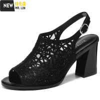 林先森温州高跟鞋网纱凉鞋女2021夏季新款鱼嘴韩版百搭粗跟罗马女鞋子凉鞋